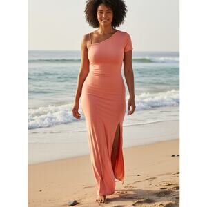 PrettyLittleThing Coral Ruched One Shoulder Maxi Dress Size 12